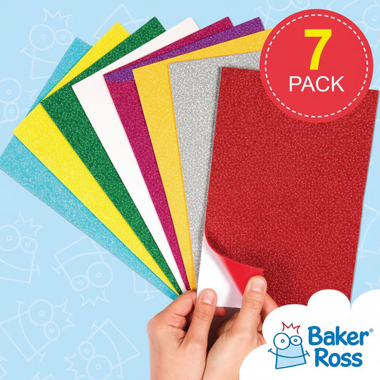 Baker Ross EF434 Self-Adhesive Glitter Foam Sheets - Creative Art Supplies for Kids, Seasonal Crafts and Decorations (Pack of 7)