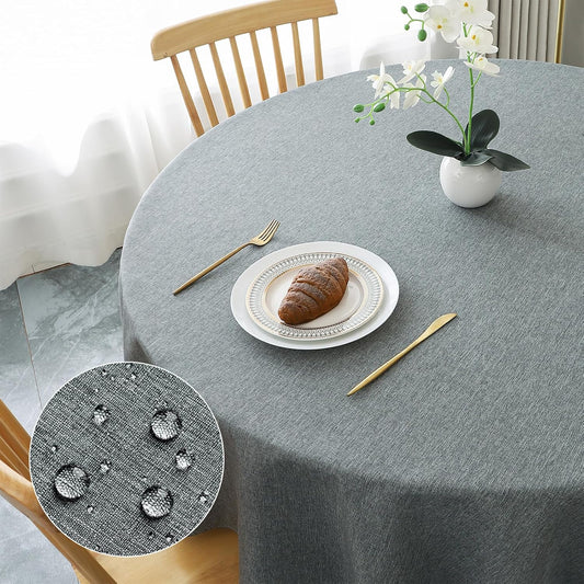 AooHome Tablecloth Round Φ140cm Grey, Wipe Clean Tablecloths Washable Polyester Faux Linen Tablecloth Water-repellent with Lotus-effect, Durable Scratch Resistant for Dining room, Balcony, Garden