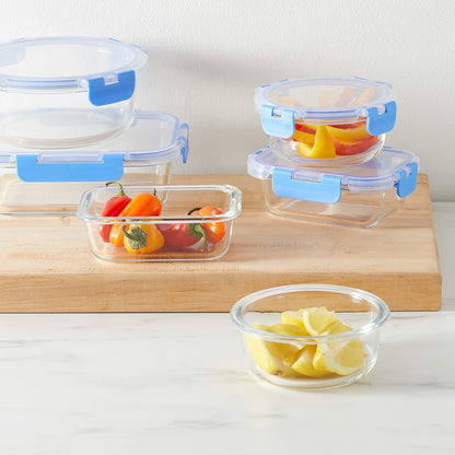 Amazon Basics Glass Locking Lid Food Storage, 14 Count Set, 7 Containers and 7 BPA-Free Lids, Clear With Blue Silicone Ring
