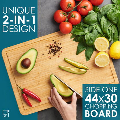 LARHN 2-in-1 Extra-Large Wooden Chopping Board & Serving Tray - 44x30x2cm | Solid Vertical-Grain Bamboo Cutting Board, Juice Groove, Reversible, Pre-Oiled, Plastic-Free, for Meat, Veg, Bread & Cheese