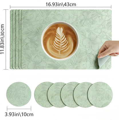 6 Pack with 6 Coasters Set - Artificial Leather Heat Resistant Waterproof Table Mats for Kitchen Dining Table Restaurant Hotel Use, 43x30cm with 10cm Round Coasters, Floral Design（Green ）