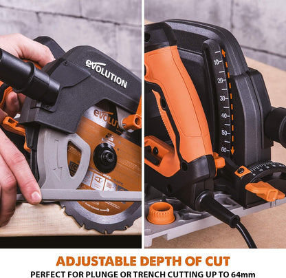 Evolution Power Tools R185CCSX Circular Saw With 1020 mm 3-Piece Track | Multi-Material Blade, Cuts Wood, Metal, Plastic & More | excluding Dust Port Adapter | 185mm (230v)