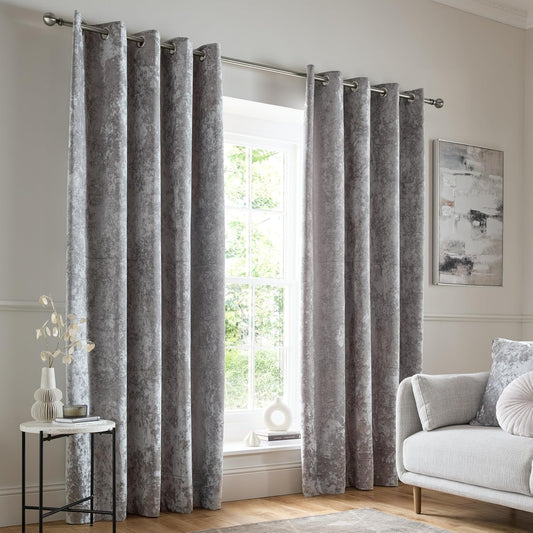 Catherine Lansfield Crushed Velvet 90x90 Inch Eyelet Curtains Silver Grey