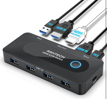 RSHTECH 4K@60Hz KVM Switch, 2 PCs Share 4x USB 3.0 + 1x Monitor (RSH-A301)