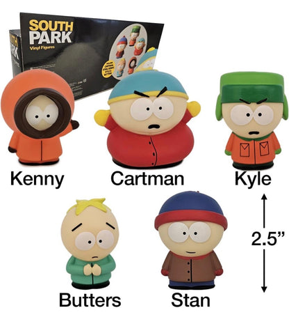 South Park 2.5" Vinyl Figure Collection School Bus Box. Includes Cartman, Stan, Kenny, Kyle and Butters