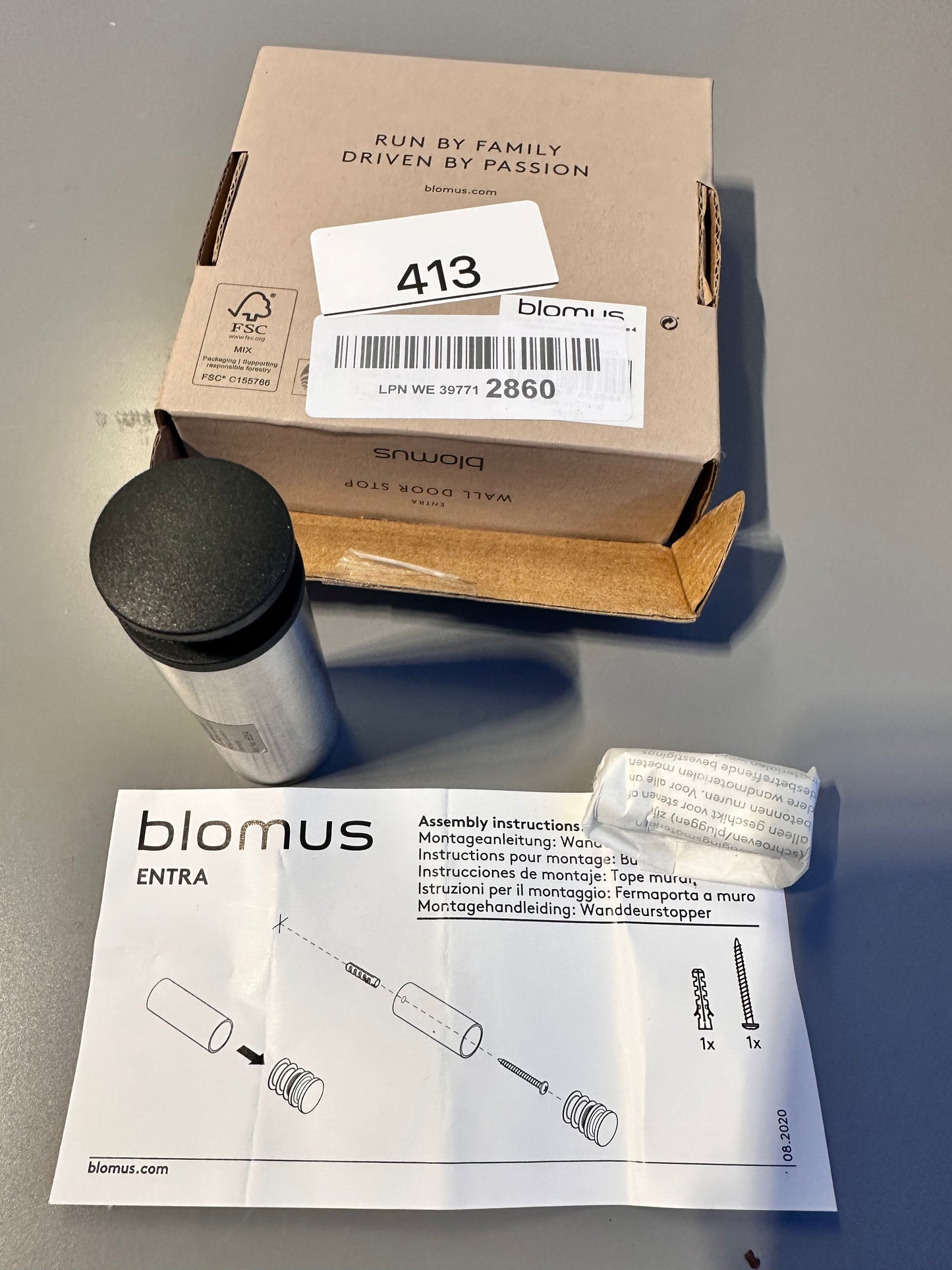 blomus 8 cm Stainless Steel/Plastic Entra Wall Mounted Door Stop, Silver/Black