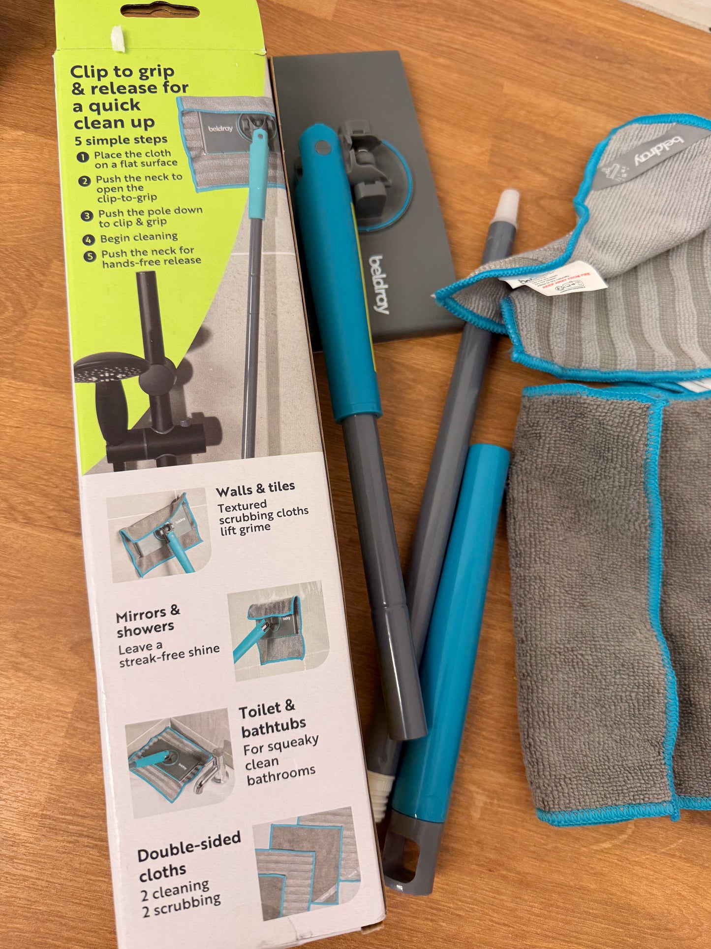 Beldray Anti Bac Bathroom Mop With 70 Cm Handle | Push-release clip mechanism, 360° swivel head, 4 machine-washable cloths, wet or dry use, tiles mirrors bathtubs floors
