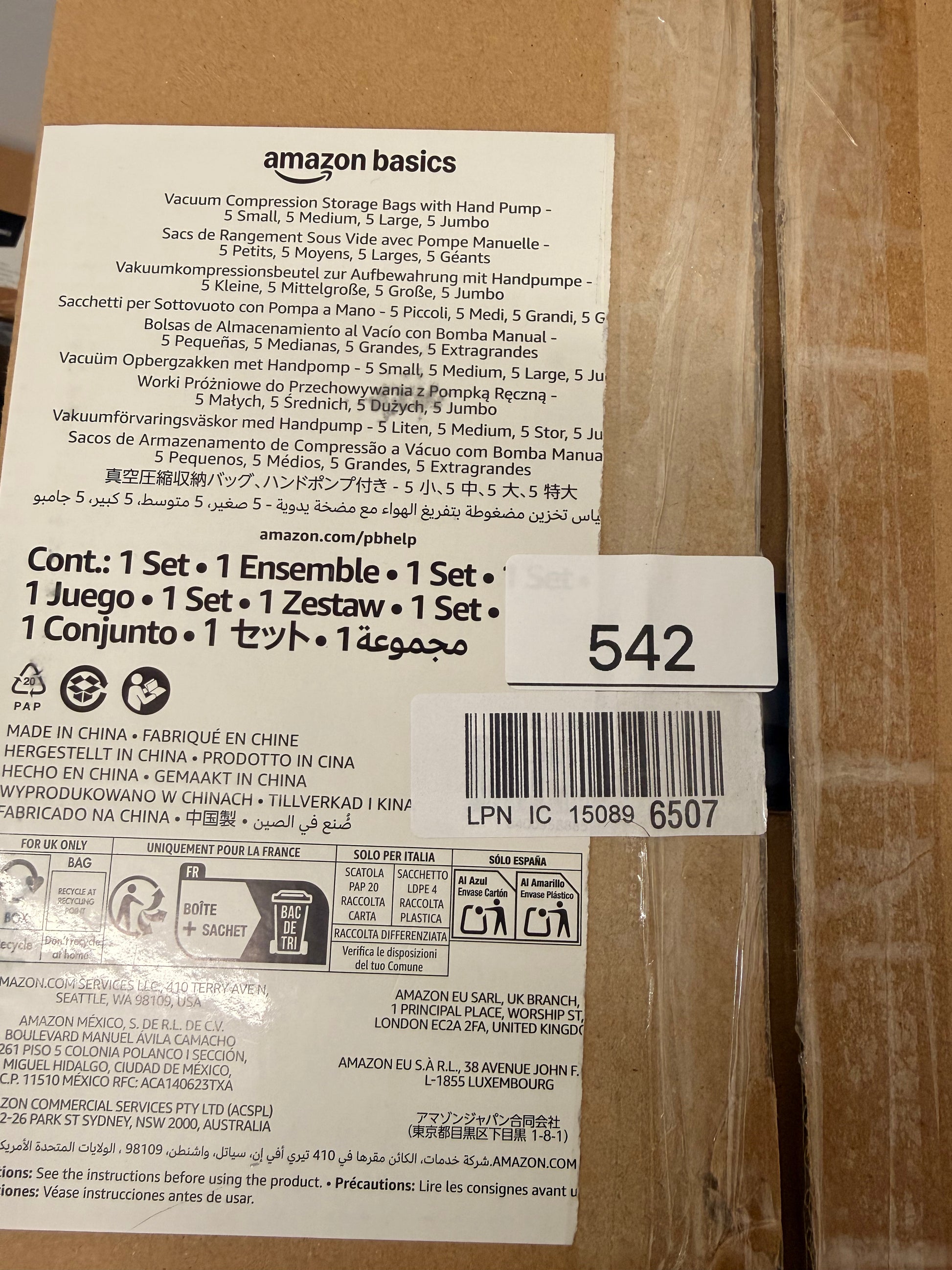 Amazon Basics Vacuum Compression Zipper Storage Bags with Hand Pump, 20 Count, 4 Pack of 5 (Small, Medium, Large & Jumbo), Multiple, Clear