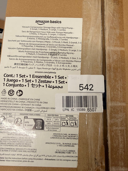 Amazon Basics Vacuum Compression Zipper Storage Bags with Hand Pump, 20 Count, 4 Pack of 5 (Small, Medium, Large & Jumbo), Multiple, Clear